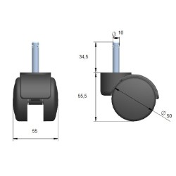 Kółko Fi 50 b/hamulca z tworzywa, z bolcem  FI 10 ze sprężyną  KOL79.5